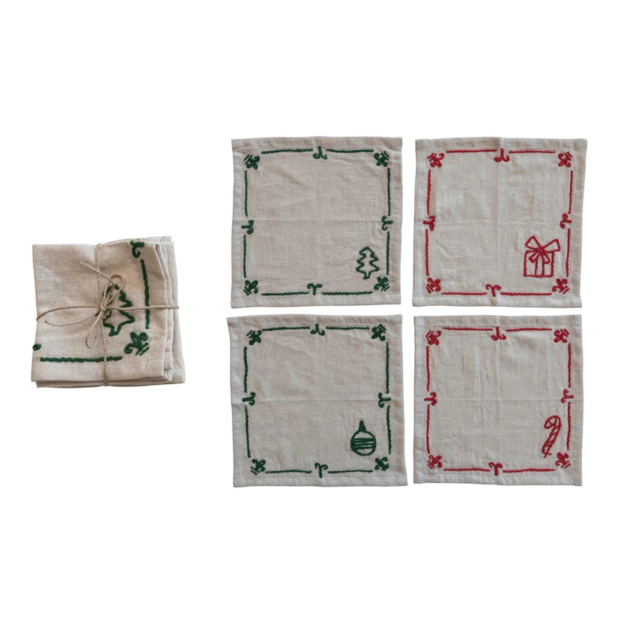 Embroidered Cocktail Napkins w/Holiday Icons, Set of 4