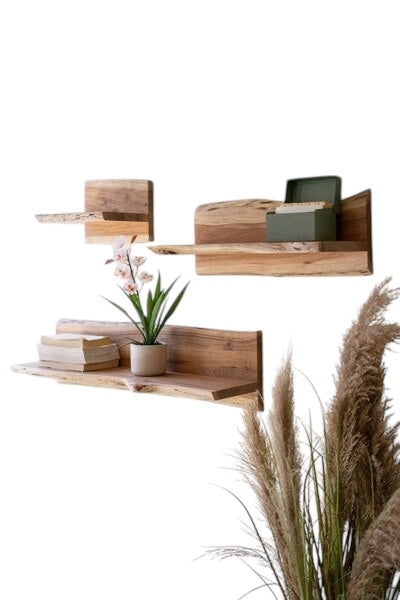Set of Three Live Edge Acacia Wood Floating Shelves