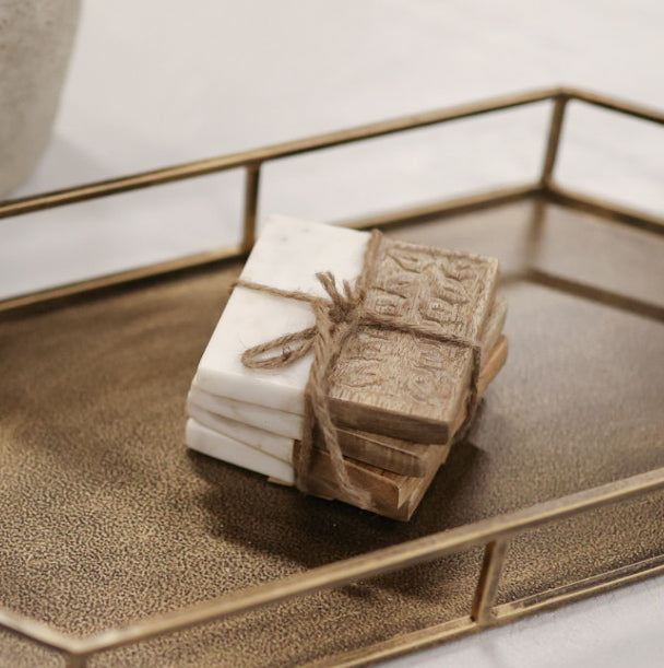 Marble and Hand-Carved Wood Coasters, Set of 5