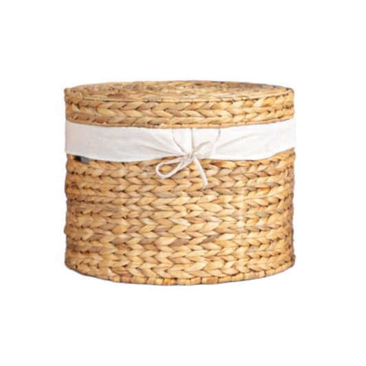 (Medium) Water Hyacinth Basket w/ Lid, Handles & Cotton Lining