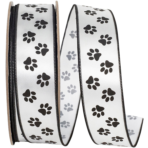 Ribbon - Paw Print Satin Wired Edge Ribbon, Multi, 1-3/8 Inch, 25 Yards