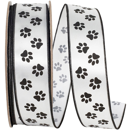 Ribbon - Paw Print Satin Wired Edge Ribbon, Multi, 1-3/8 Inch, 25 Yards