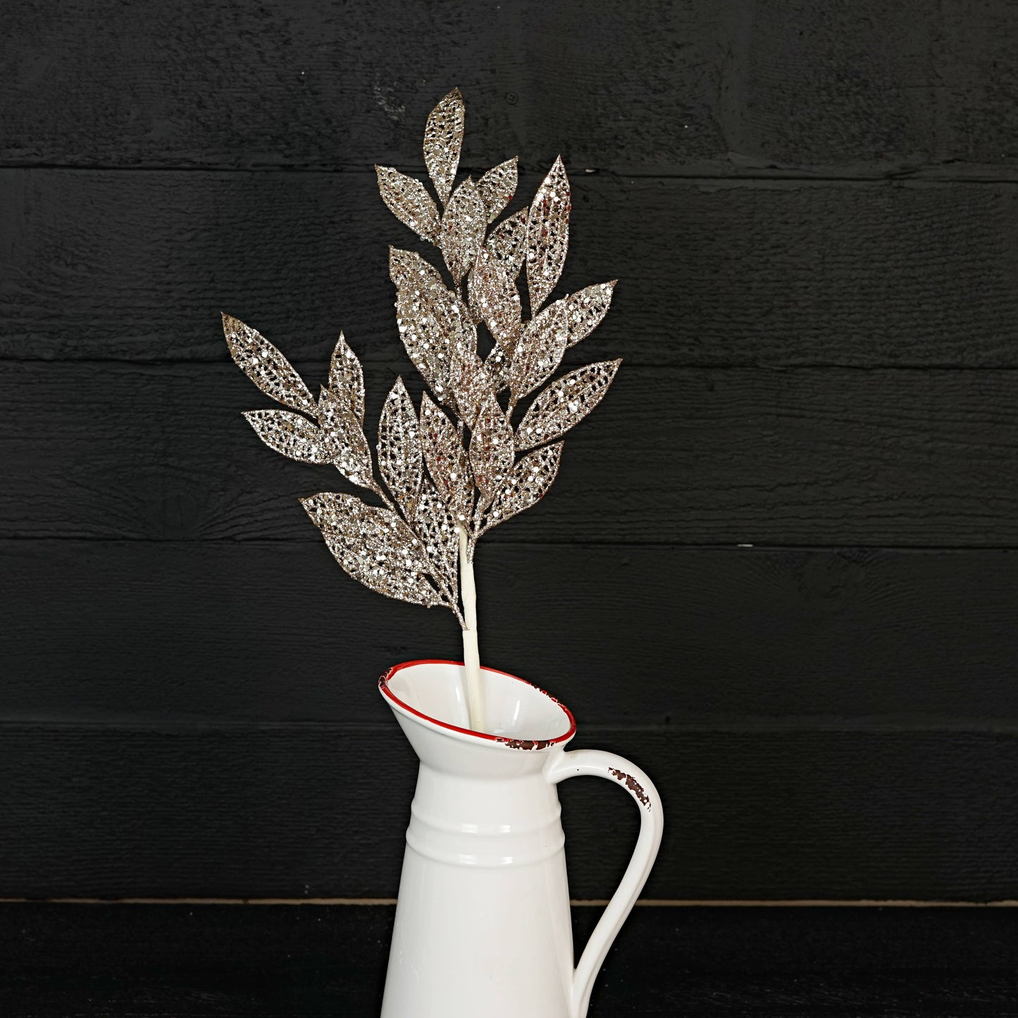 32258-26in Glittered mesh bay leaves Branch-CHAM
