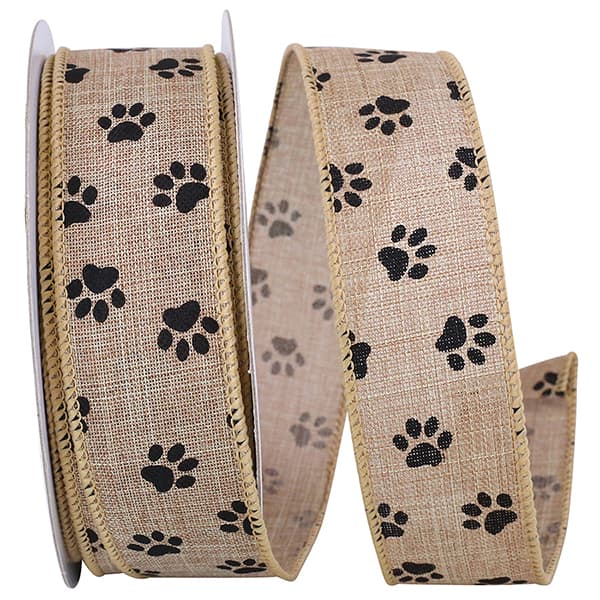 Ribbon - Paw Prints Linen Wired Edge Ribbon, Natural, 1-1/2 Inch, 20 Yards