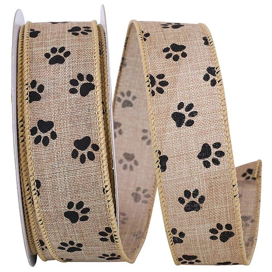Ribbon - Paw Prints Linen Wired Edge Ribbon, Natural, 1-1/2 Inch, 20 Yards