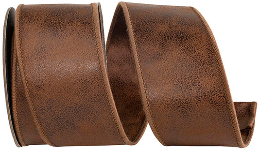 Ribbon - Leather Deluxe Two Sided Wired Edge Ribbon, Brown, 2-1/2  Inch, 5 Yards