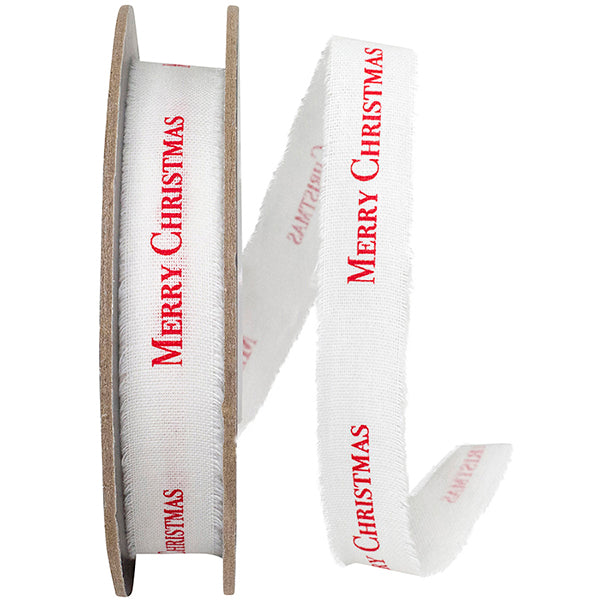 Ribbon - Merry Christmas Linen Fringe Ribbon, White/red, 5/8 Inch, 25 Yards