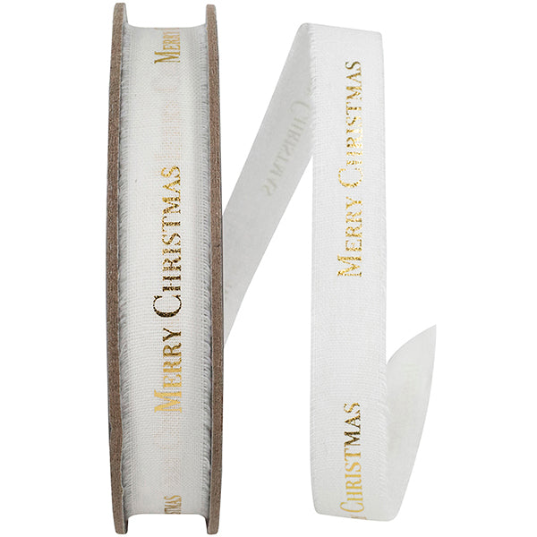 Ribbon - Merry Christmas Linen Fringe Ribbon, White/gold, 5/8 Inch, 25 Yards