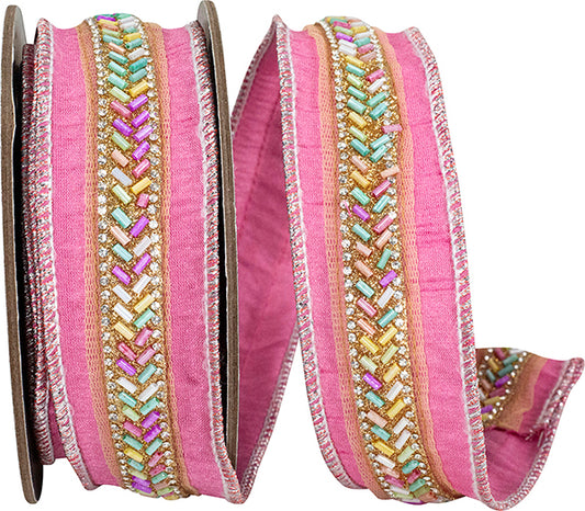 Ribbon - Beaded Dupioni Glitter Wired Edge Ribbon, Pink, 1-1/2 Inch, 5 Yards