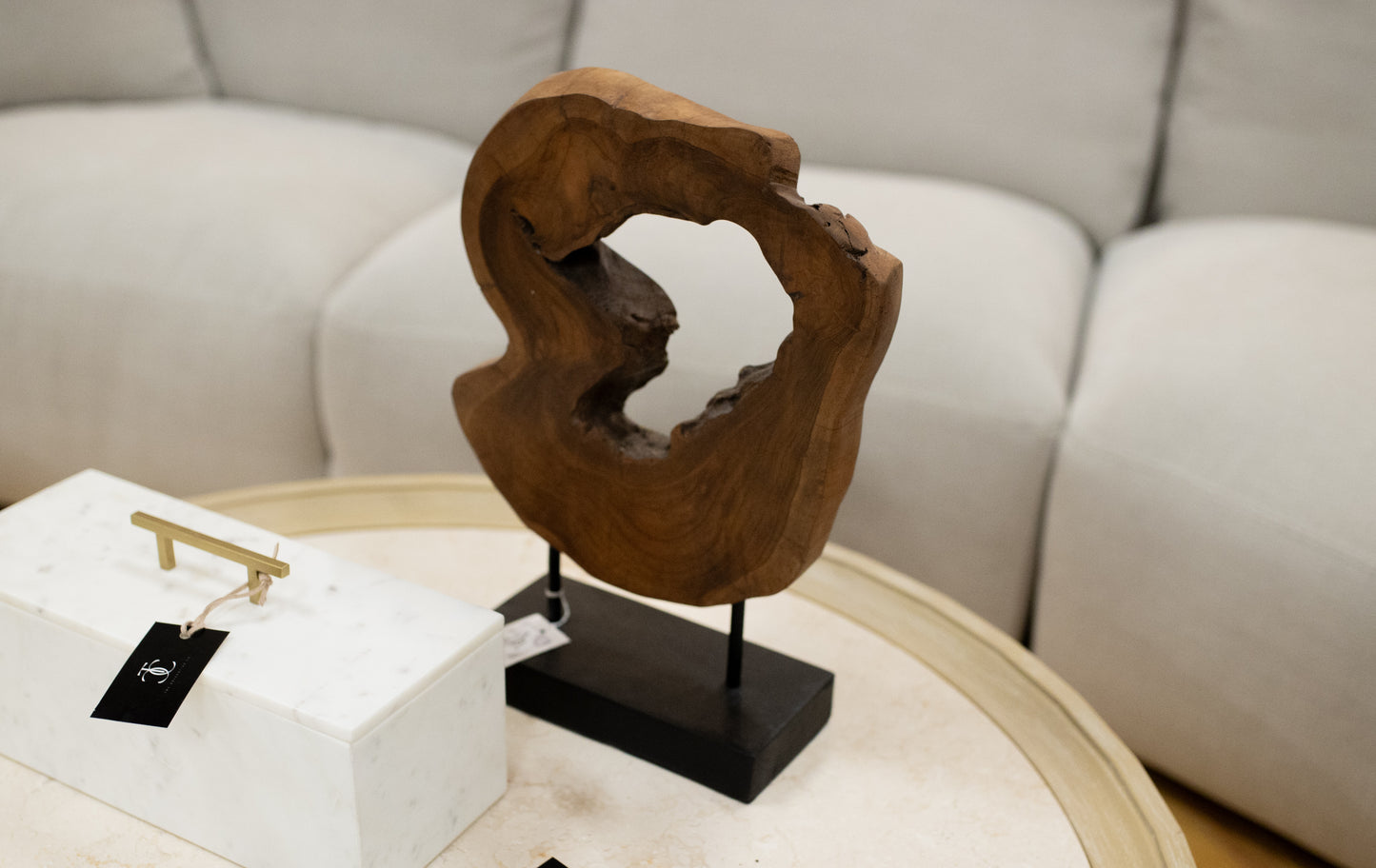 Abstract Teak Wheel Sculpture with Stand