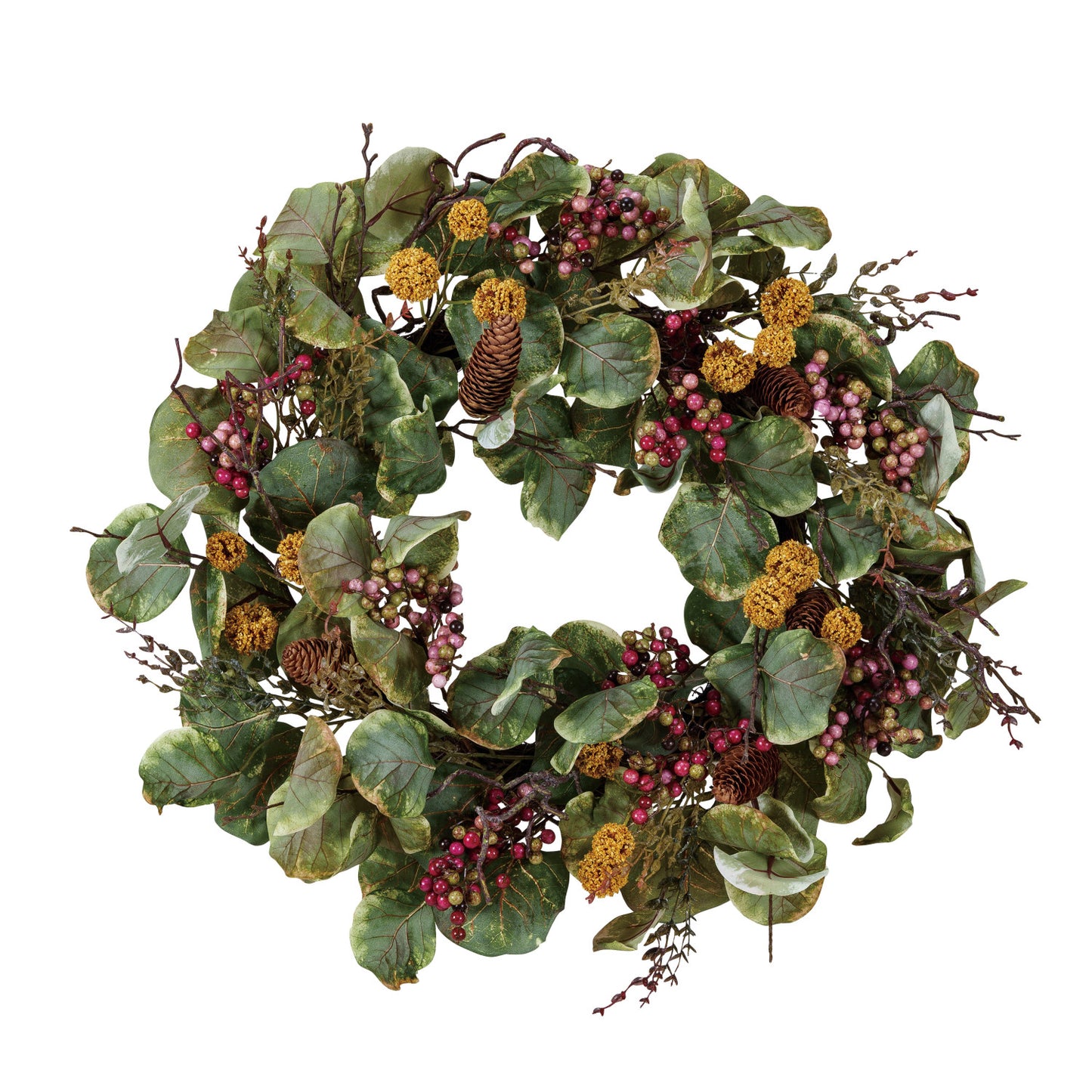 Faux Zanzibar Leaf Wreath w/ Berries, Green & Red