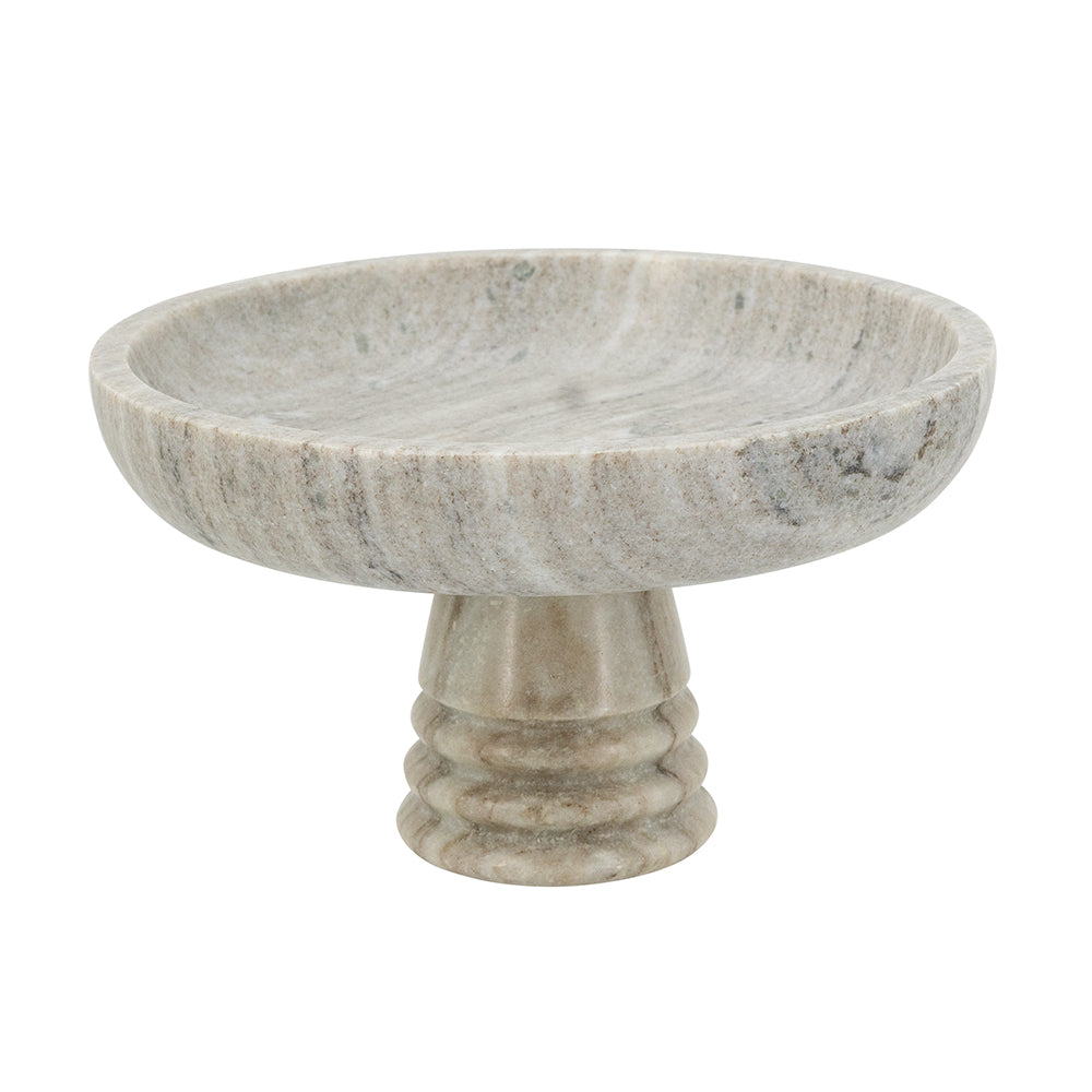 Marble Pedestal Bowl With Natural Gray Finish And Ribbed Base