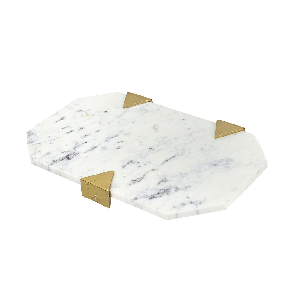 Geometric White Marble Tray with Gold Metal Accents