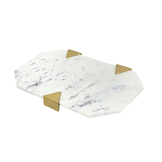 Geometric White Marble Tray with Gold Metal Accents