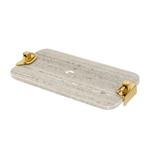 Decorative Gray Marble Tray with Sculpted Gold Metal Handles