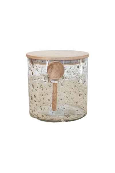 Glass Canister with Wood Top and Spoon - 6" Tall