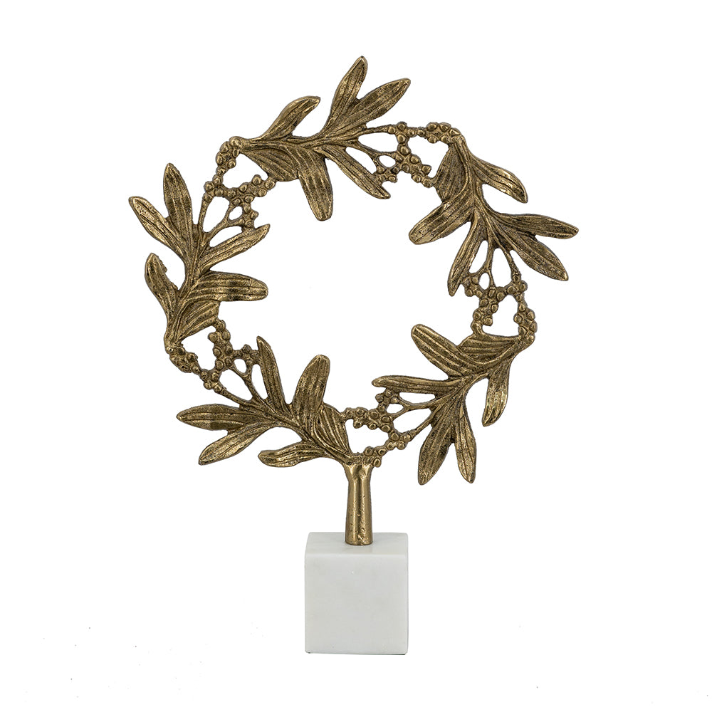 Gold Aluminum Wreath Sculpture On White Marble Base