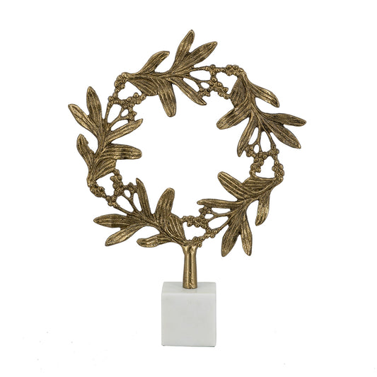 Gold Aluminum Wreath Sculpture On White Marble Base
