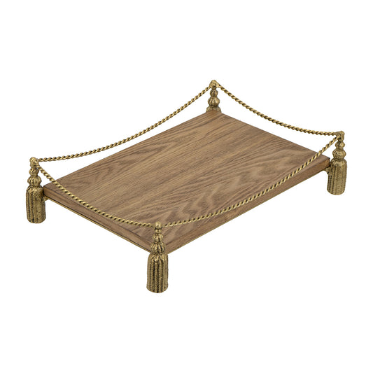 Decorative Wooden Tray with Ash Veneer Finish and Gold Cast Iron Tassel Base