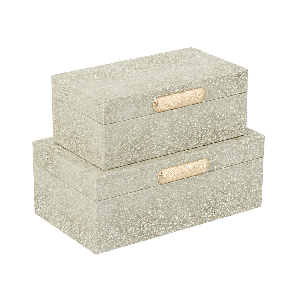 Decorative Wooden Storage Boxes with Gray Faux Leather Finish and Gold Handle Set of 2