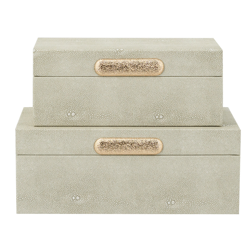 Decorative Wooden Storage Boxes with Gray Faux Leather Finish and Gold Handle Set of 2