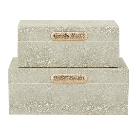 Decorative Wooden Storage Boxes with Gray Faux Leather Finish and Gold Handle Set of 2