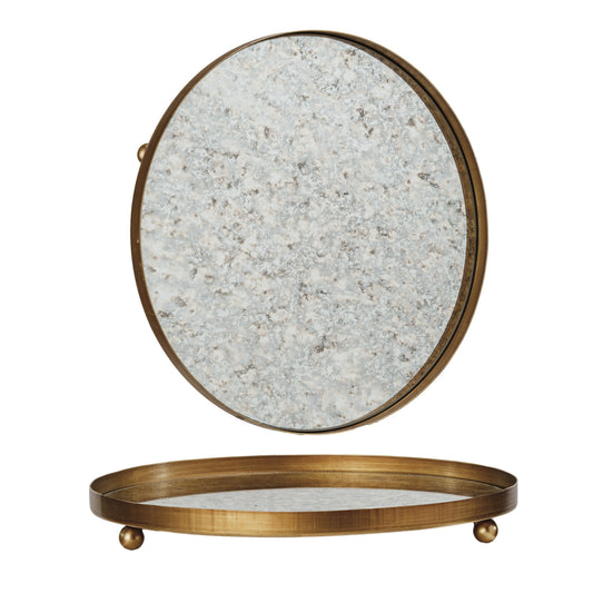 Round Metal Footed Mirrored Tray