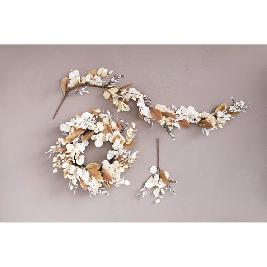 Faux Magnolia and Eucalyptus Wreath with Leaves and Mini Pumpkins