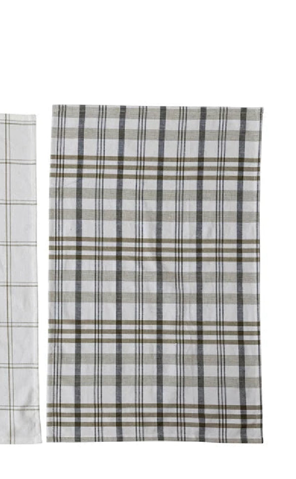 Stonewashed Cotton Tea Towel w/ Grid/Plaid Pattern, White & Green, 2 Styles