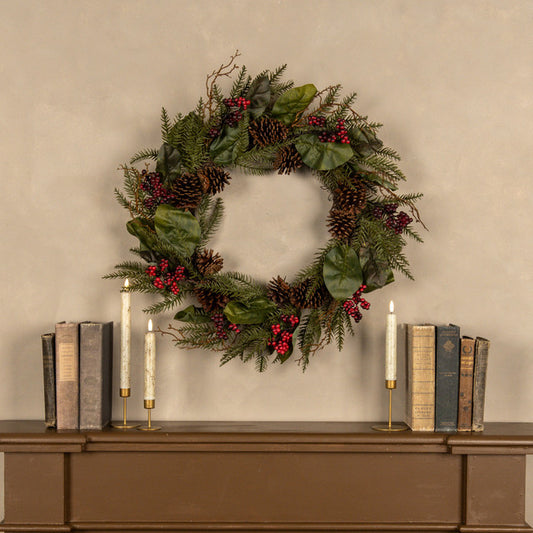 26" CEDAR & MAGNOLIA LEAF W/ RED BERRY WREATH