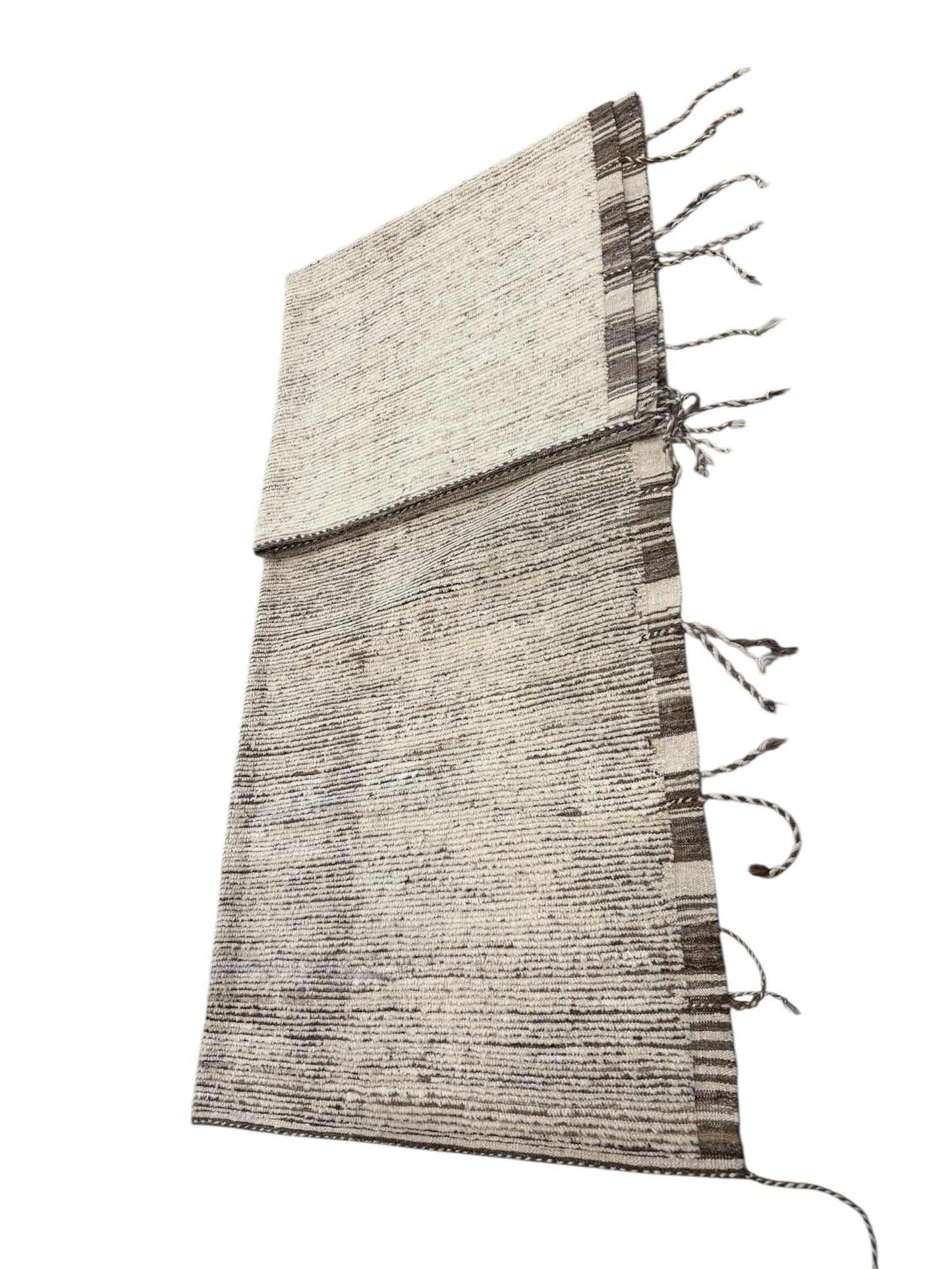 Modern Neutral/Stripe Moroccan Turkish Rug with Tassels