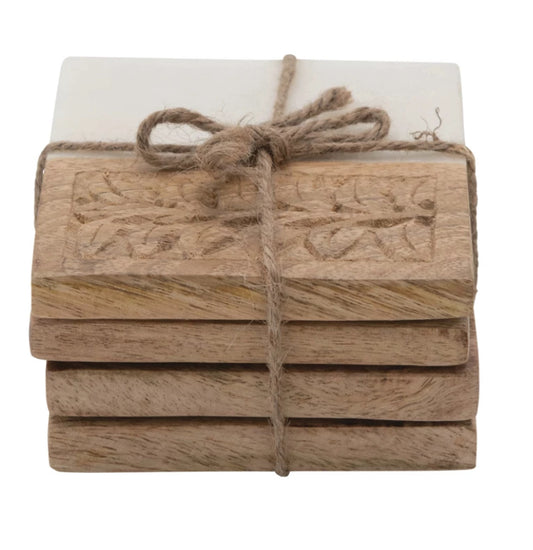 Marble and Hand-Carved Wood Coasters, Set of 5