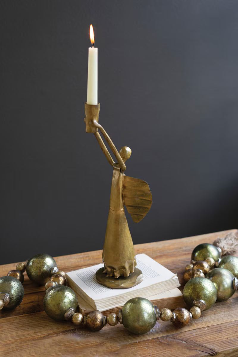 METAL CHRISTMAS ANGEL TAPER CANDLE HOLDER - ANTIQUE GOLD