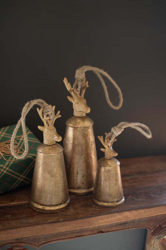 SET OF 3 ANTIQUE GOLD METAL CHRISTMAS BELLS W DEER FINIALS