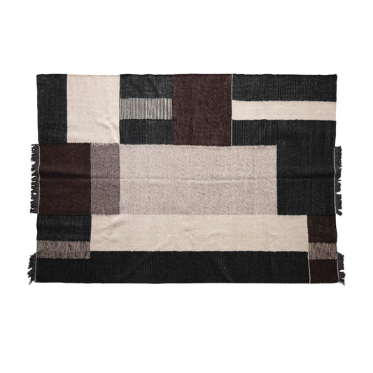 Wool and Cotton Rug with Geometric Design and Fringe
