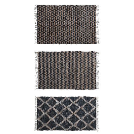 3' x 5' Woven Cotton Chindi & Leather Rug w/ Pattern & Fringe, Black & Natural, 3 Styles