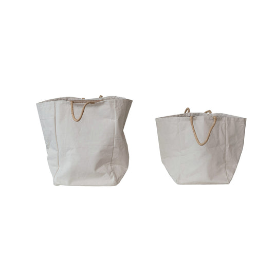 Cotton Canvas Storage Bags w/ Braided Raffia Handles, Set of 2