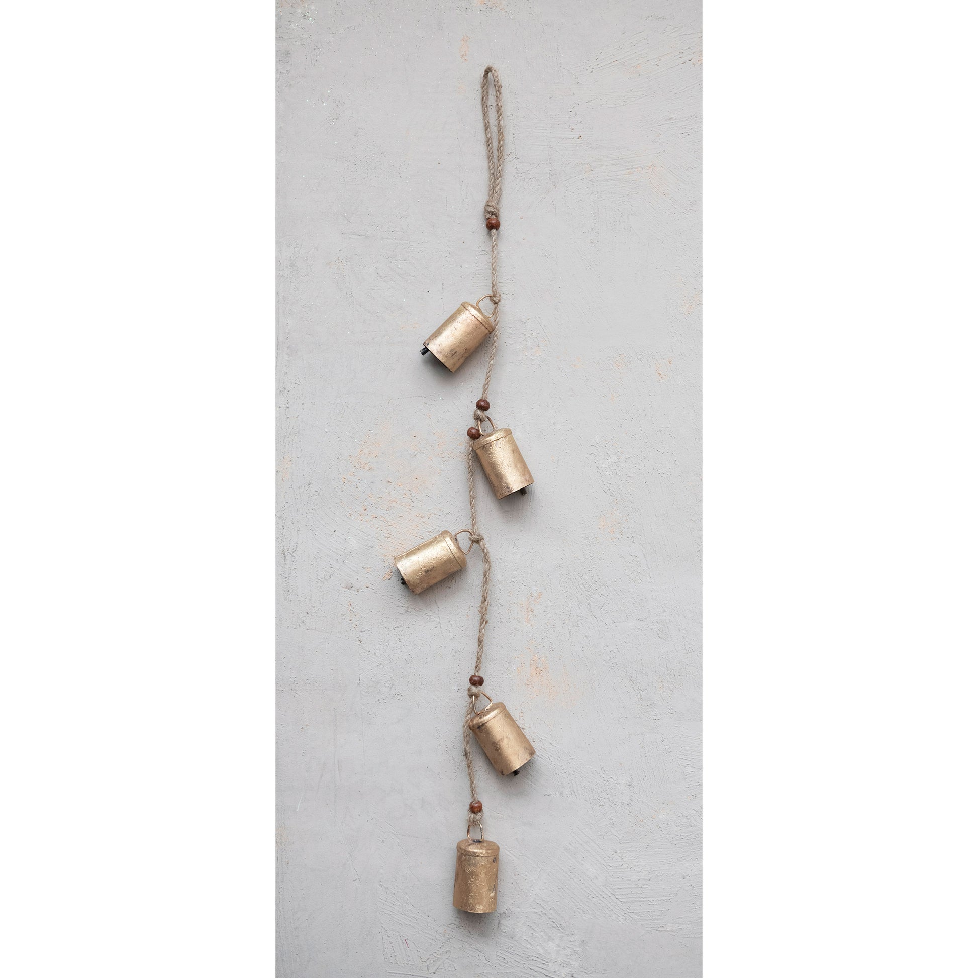 28"H Hanging Metal Bells with Wood Beads and Jute Rope, Antique Brass Finish
