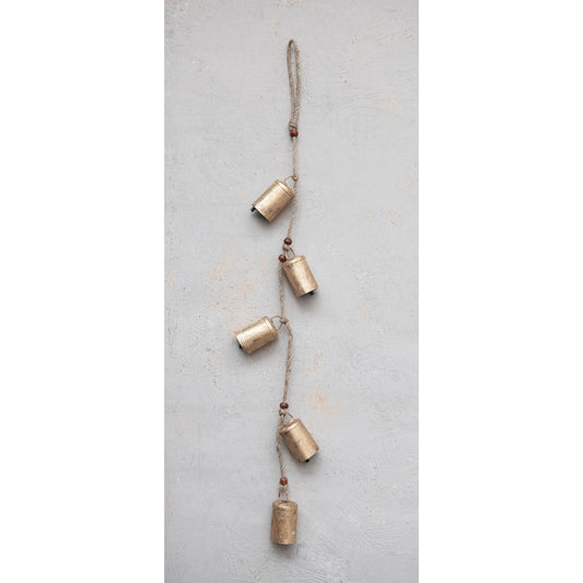 28"H Hanging Metal Bells with Wood Beads and Jute Rope, Antique Brass Finish