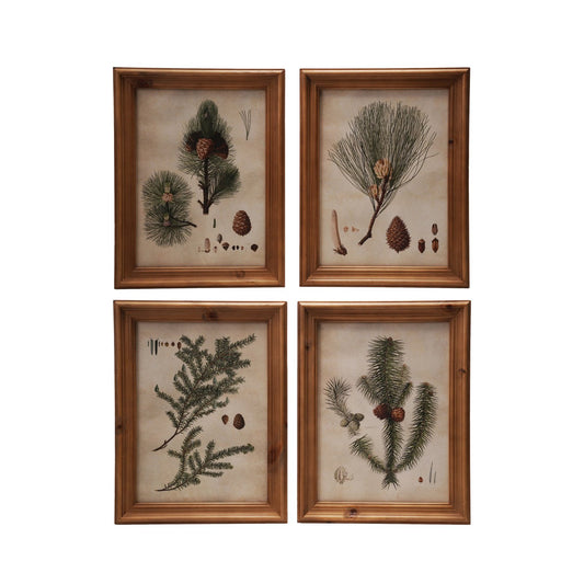 Wood Framed Glass Wall Décor with Pine Bough Print, 4 Styles