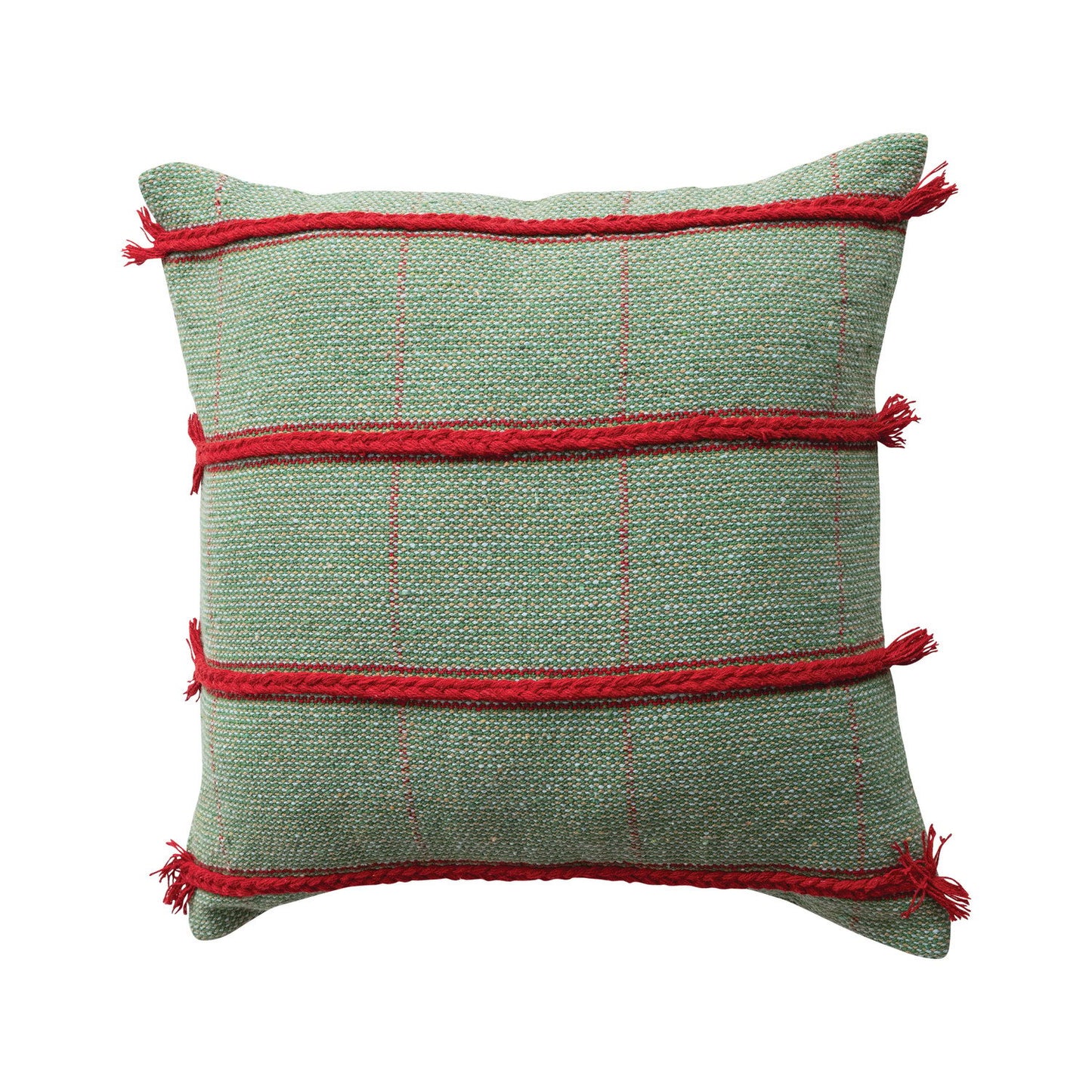 20" Square Pillow with Braided Embroidery, Grid Pattern & Fringe