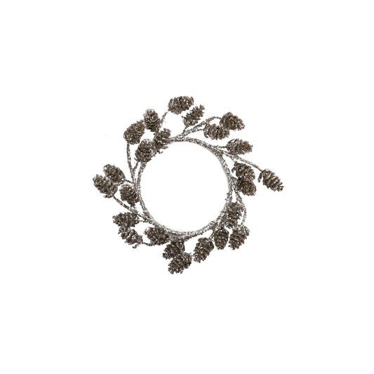 7" Round Plastic Pinecone Wreath with Glitter, Pewter Finish