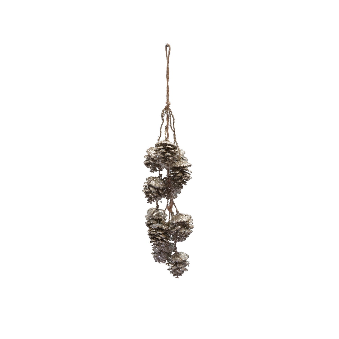 16"H Hanging Plastic Pinecone Bunch with Glitter, Champagne Finish