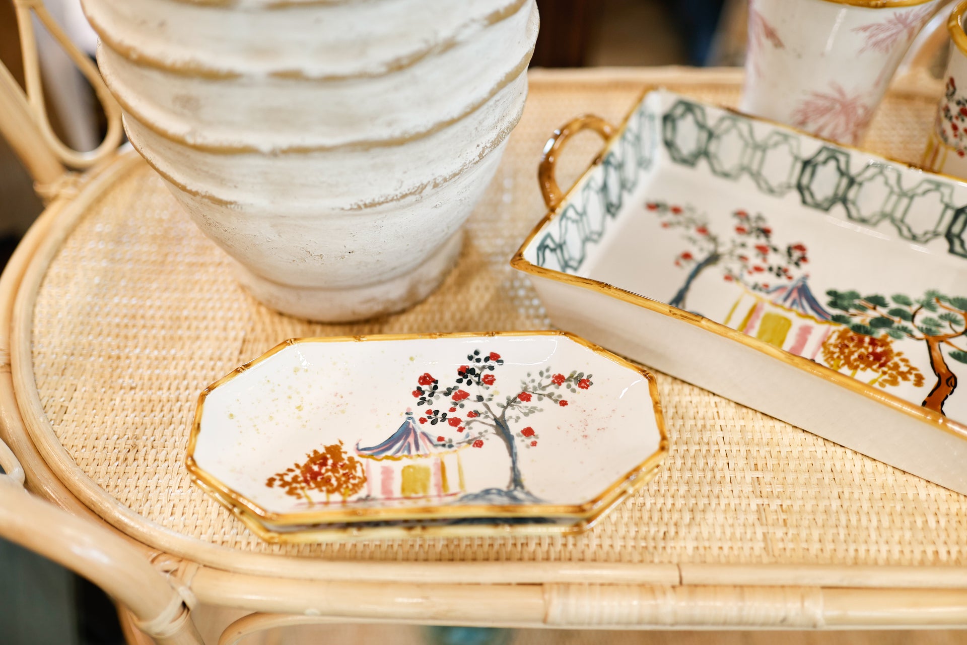Hand-Painted Stoneware Octagon Shaped Plate with House, Tree & Bamboo Style Edge