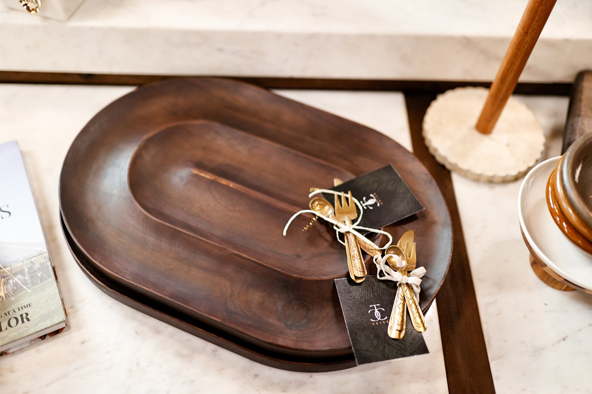 Oval Mango Wood Serving Dish with 2 Sections, Walnut Finish
