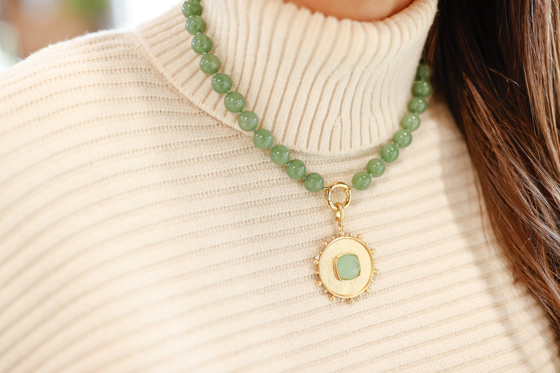 Jade Green Beaded Charm Necklace (Charm not included)