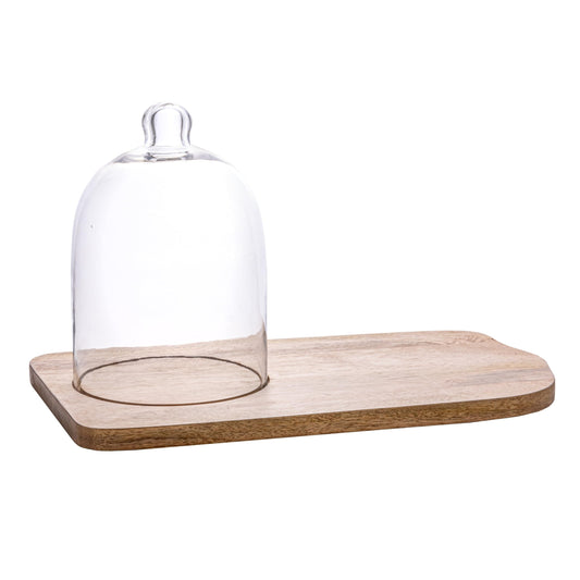 Mango Wood Organic Shaped Tray with Glass Cloche, Natural