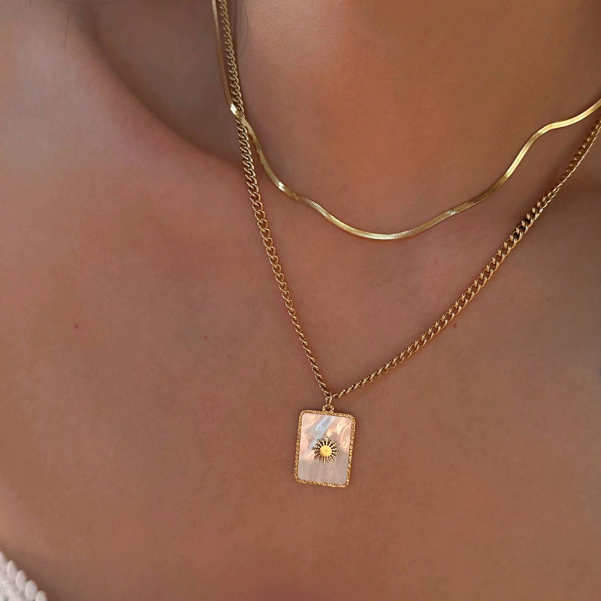 Layered Gold Sunburst Mother of Pearl Necklace Waterproof