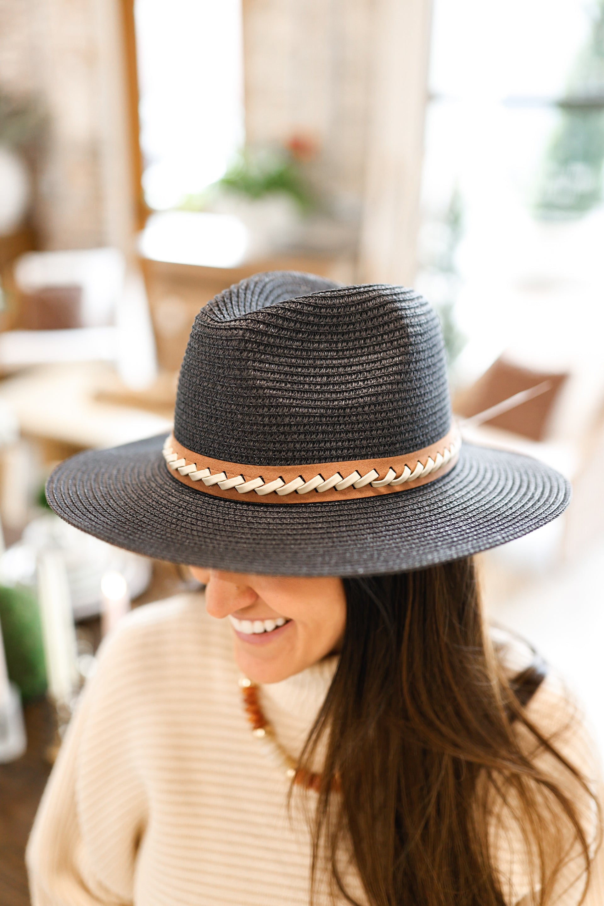 Black Straw Hat with Braided Leather Detail