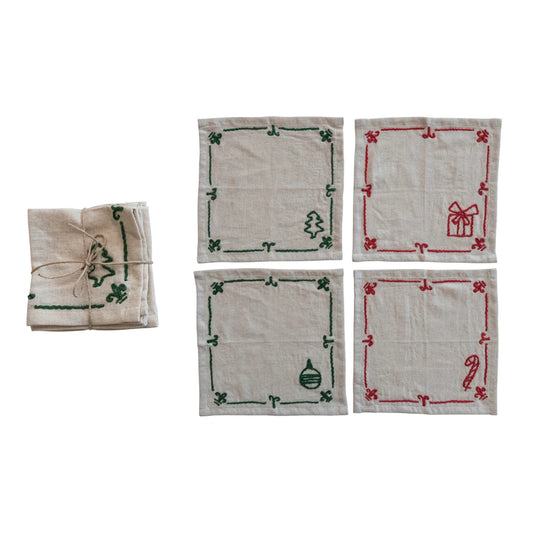 Embroidered Cocktail Napkins w/Holiday Icons, Set of 4